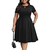 Nmoder Plus Size Dress for Women - Casual Short Sleeve Keyhole A-Line Church Work Summer Midi Dresses with Pockets