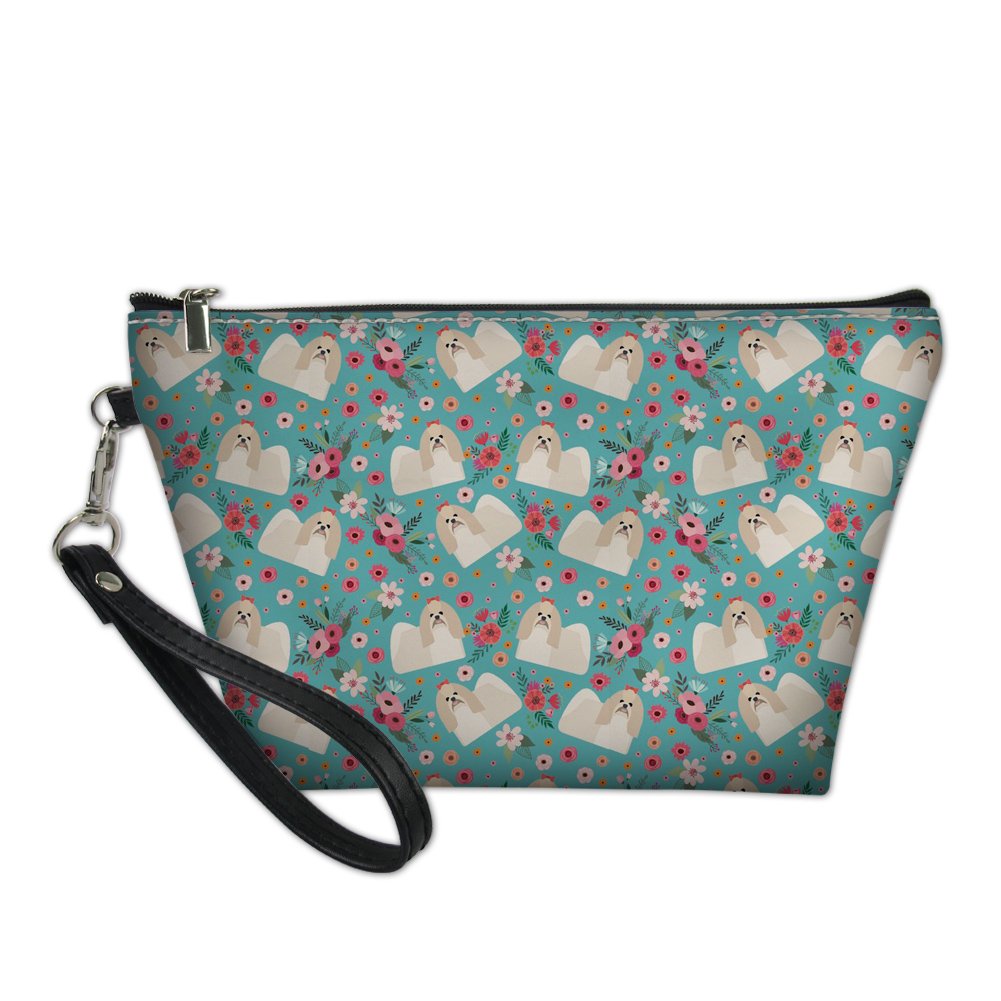 HUGS IDEA Women Travel Toiletry Pouch Shih Tzu Flower Print Handle Makeup Bag Waterproof Clutch Bags — image 1