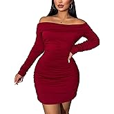 Boncun Women's Elegant Off Shoulder Long Sleeve Bodycon Mini Dress - Ruched Cocktail Party Dress for Night Out, Fall