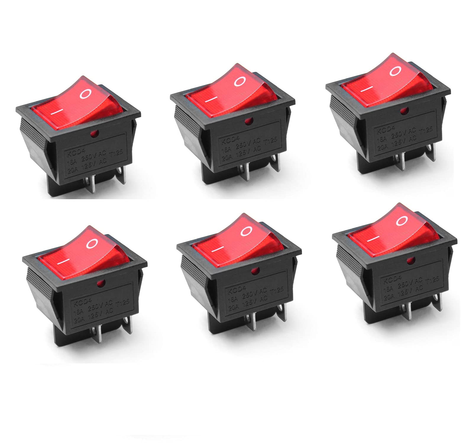 6Pcs Red Illuminated Rocker Switch, ON/Off 4 Pin DPST, 250V/16A AC, 20A/125V AC, for Automotive, Home Appliances