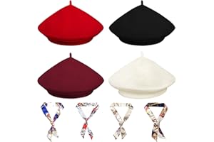 MIEGECHA 4 Sets Wool Beret Hat French Style Beanie Hats with Silky Neck Scarf Fashion Beret Caps for Women Girls Lady