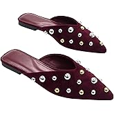 BEAUDRM Mules for Women Pointed Toe Shoes Studded Mules Slip on Faux Leather Flat Sandals Dressy Shoes