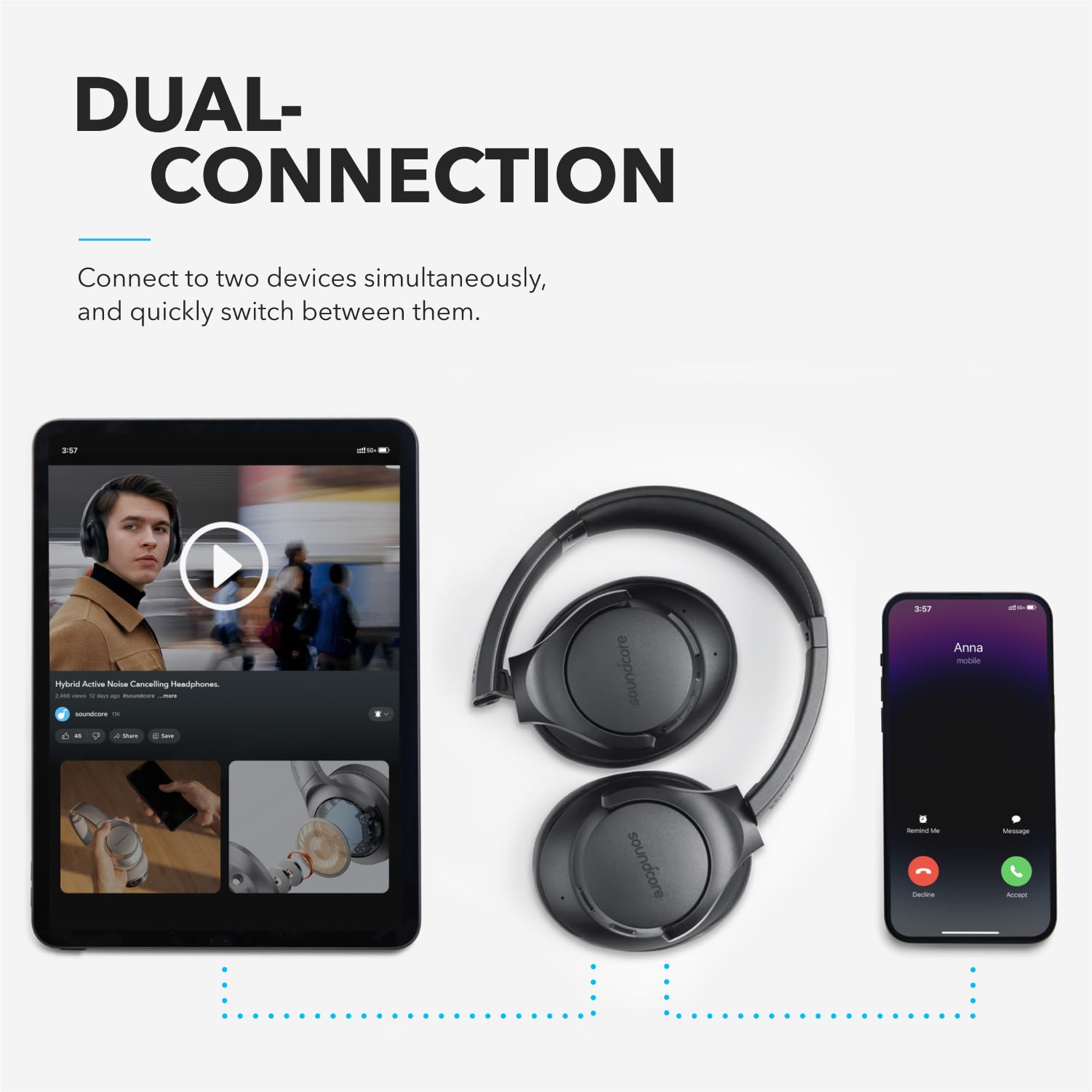 Soundcore Anker Life Q20 Hybrid Active Noise Cancelling Headphones, Wireless Over Ear Bluetooth Headphones, 70H Playtime, Hi-Res Audio, Deep Bass, Memory Foam Ear Cups, Travel, Office