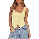 Pungdra Womens Ribbed Button Down Tank Tops for Women Trendy Knit Fitted Button Up Crop Vest Square Neck Cute Going Out Top