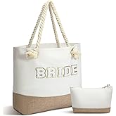 Sweetude Wedding Bride Bag Natural Jute Bride Tote Gift Bag with Handles Beach Pouch with Zipper for Engagement, Honeymoon, Beach Bridesmaid Party Bridal Shower Newlyweds Present