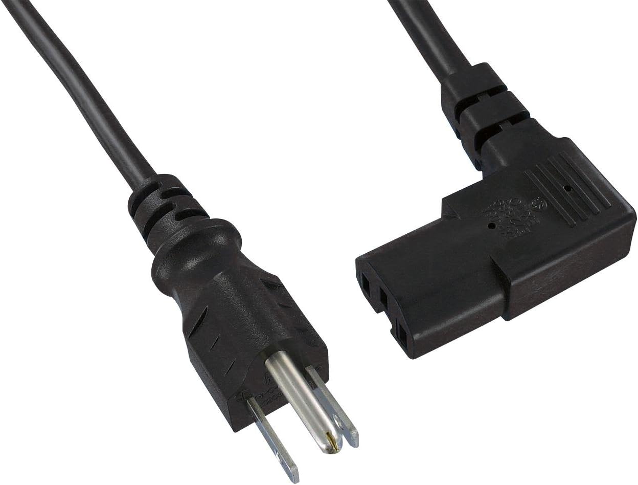 Mains Power Cord, SJT, 18AWG, CEE Color Code, NEMA 5-15P, IEC 60320 C13, 90Â°, 9.8 ft, 3 m, Black
