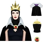 PAINEOMN Evil Queen Costume Women Black Hood with Crown Collar Short Colak Set for Adult Halloween Cosplay Cape