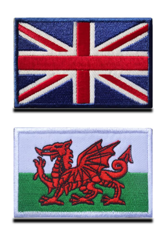Zcketo 2 PCS United Kingdom Great British Union UK Patch and Wales Dragon Patch Hook and Loop Embroidered National Emblem for Football Clothes Jersey Backpack Caps Travel Tactical