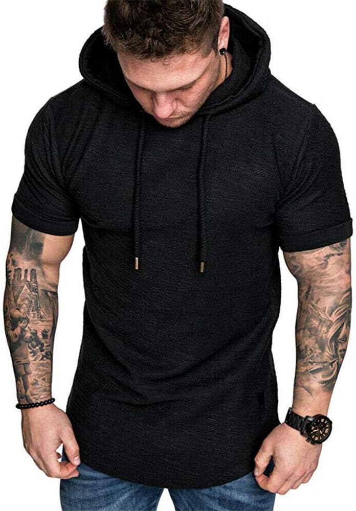 Workout Hooded Tank Tops Bodybuilding Mens Slim Fit Short Sleeve Lightweight Hoodie