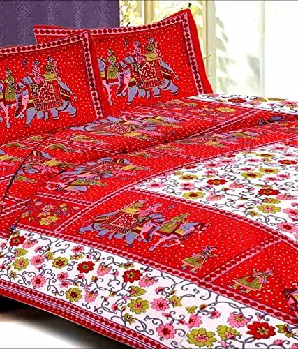 UniqChoice Rajasthani Traditional Print 120 TC 100% Cotton Double Bedsheet with 2 Pillow Cover,Red(UCBD150)