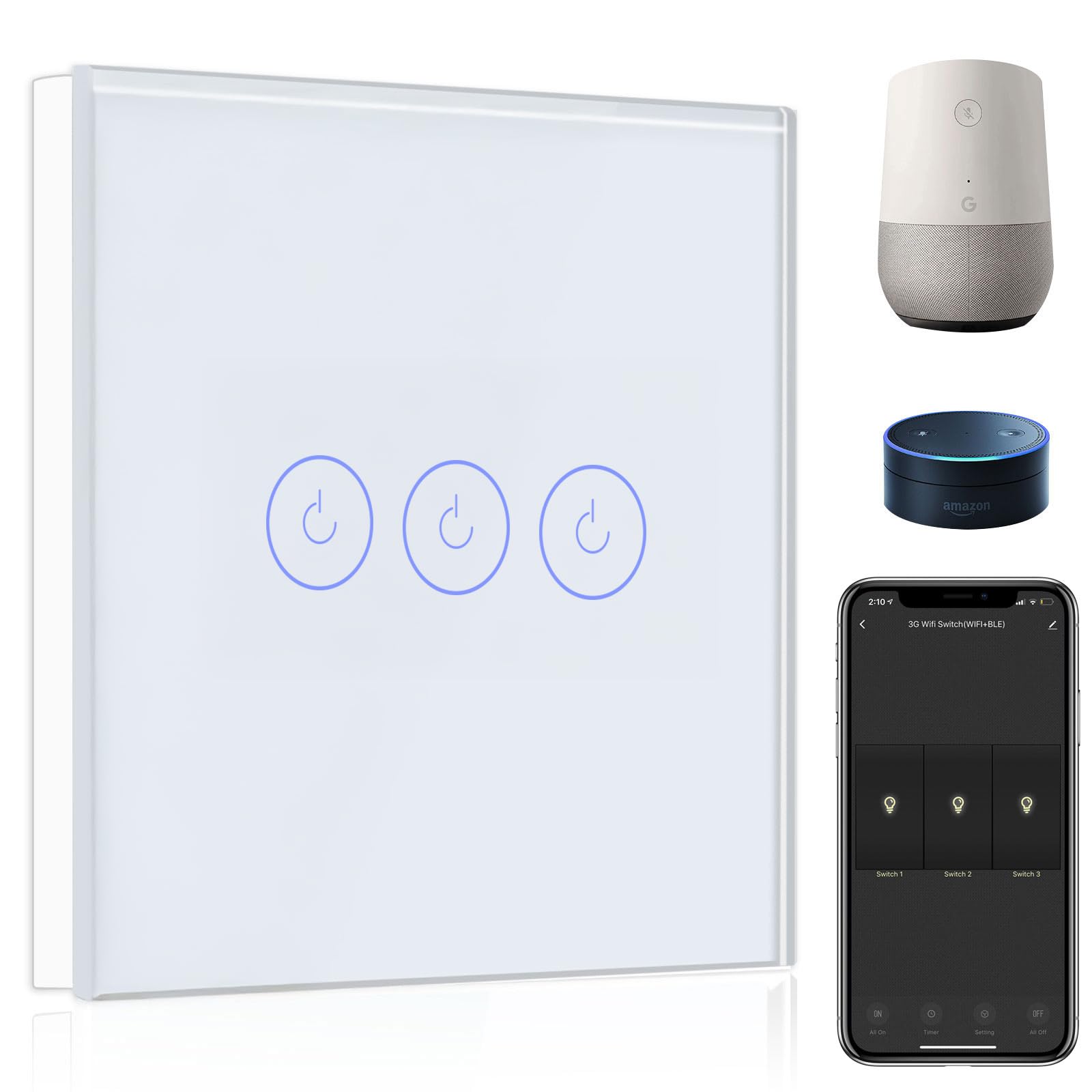 BSEED Smart Light Switch,Compatible with Alexa and Google Home,3 Gang 1 Way WiFi Touch Switch,2 Way or Multi-Way Control by SmartLife APP,White Alexa Switch with LED Indicator Light-Neutral Wire Need