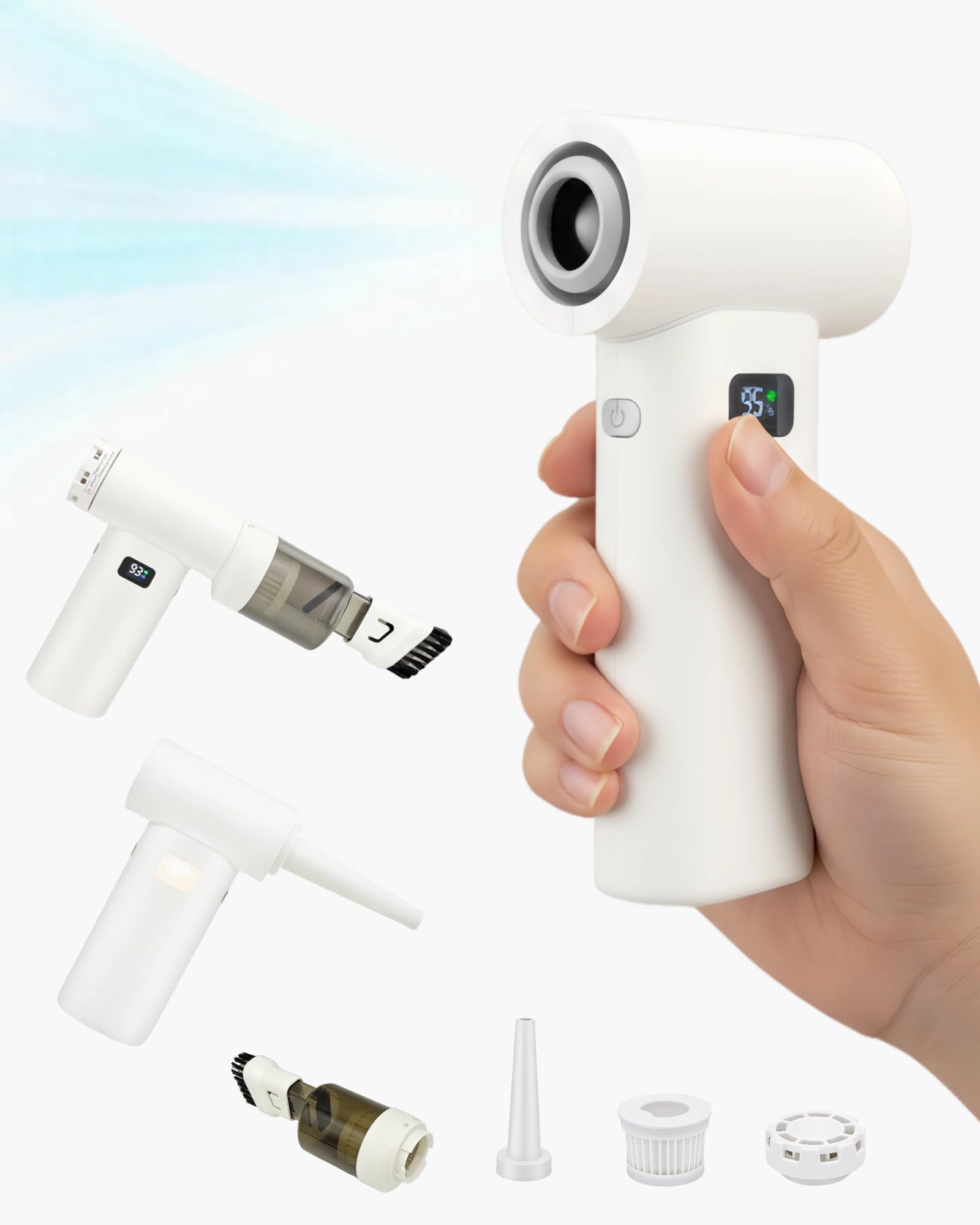 Portable Powerful Handheld Fan, 80,000 RPM High-Speed Turbo Personal Fan, 6 Gear Wind, 5000mAh Rechargeable Battery with LED Light & Multi-Function Dust Kit for Car Cleaning /Travel /Camping /Makeup