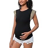 SWEETBUMP Short Sleeve Sequin Maternity Shirts Metallic Embroidery Crew Neck Maternity Top for Pregnancy Women