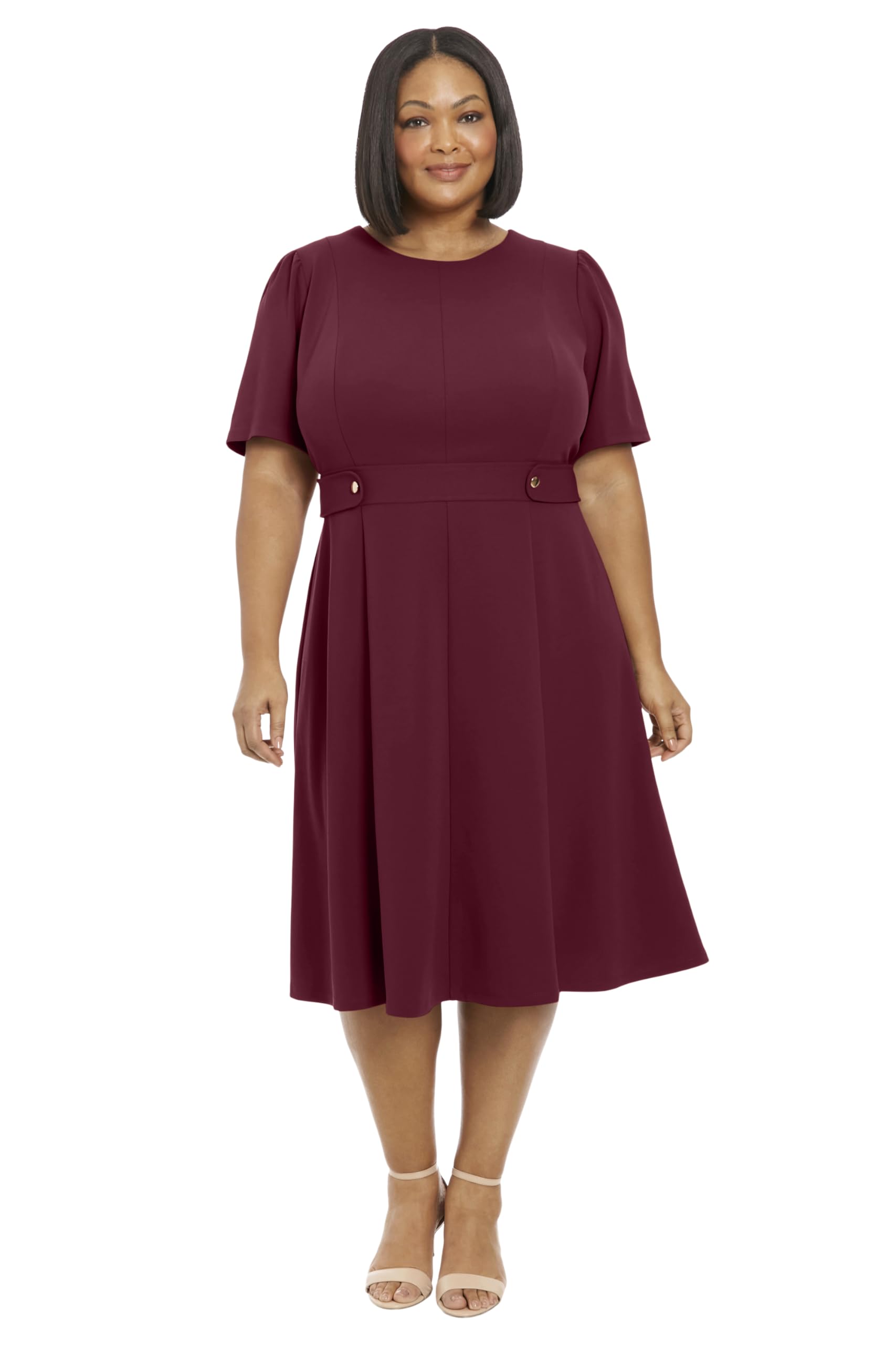 London Times Women’s Dresses Short Sleeve Crepe Fit and Flare Midi with Waist Button Detail, Arresting Burgundy, 24