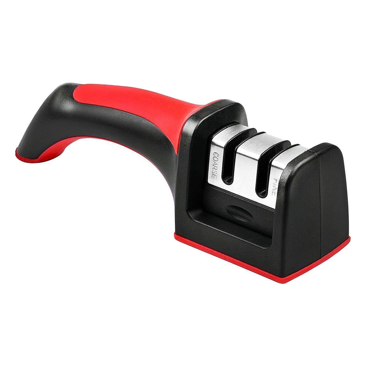 Wellehomi Professional Knife Sharpener, Premium Two Stages Manual Knife Sharpener with Non-Slip and Ergonomic Design,Red