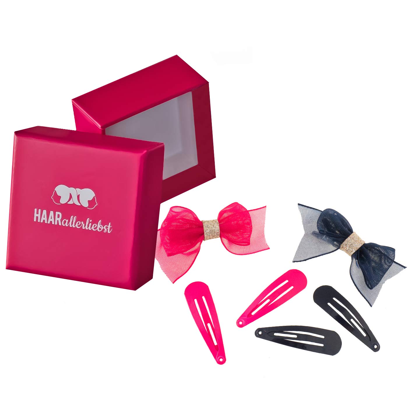 HAARallerliebst Set of 6 Hair Clips and Hair Scrunchies with Bows (6 Pieces | Pink Blue | 5.5 cm) with Box for Storage (Box Colour: Pink)