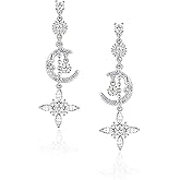Silver Moon and Star Dangle Earrings for Women with Cubic Zirconia Punk Celestial Jewelry for Gift