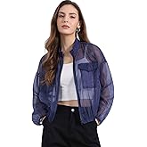 Allegra K Sheer Bomber Jacket for Women's Zip Up Long Sleeve See Through Jackets