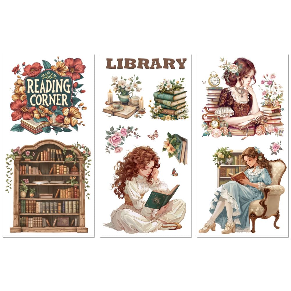 Peacoblue Rub on Transfers for Crafts 3Pcs Vintage Female with Book 15cmx30cm, UV DTF Waterproof Furniture Transfer for Chest of Drawer Dresser Glass Porcelain Wood Plastic