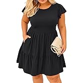 Talisea Women's Plus Size Casual Summer Tiered Flutter Sleeve Swing Short Babydoll Dress with Pockets
