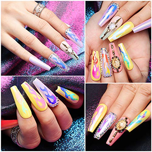 Modelones Flame Reflections Nail Stickers-16 PCS Fire Nail Decals for Gel Nail Polish Acrylic Powder Nail Art Holographic 3D Stickers with Tweezers Manicure Nail DIY Decoration