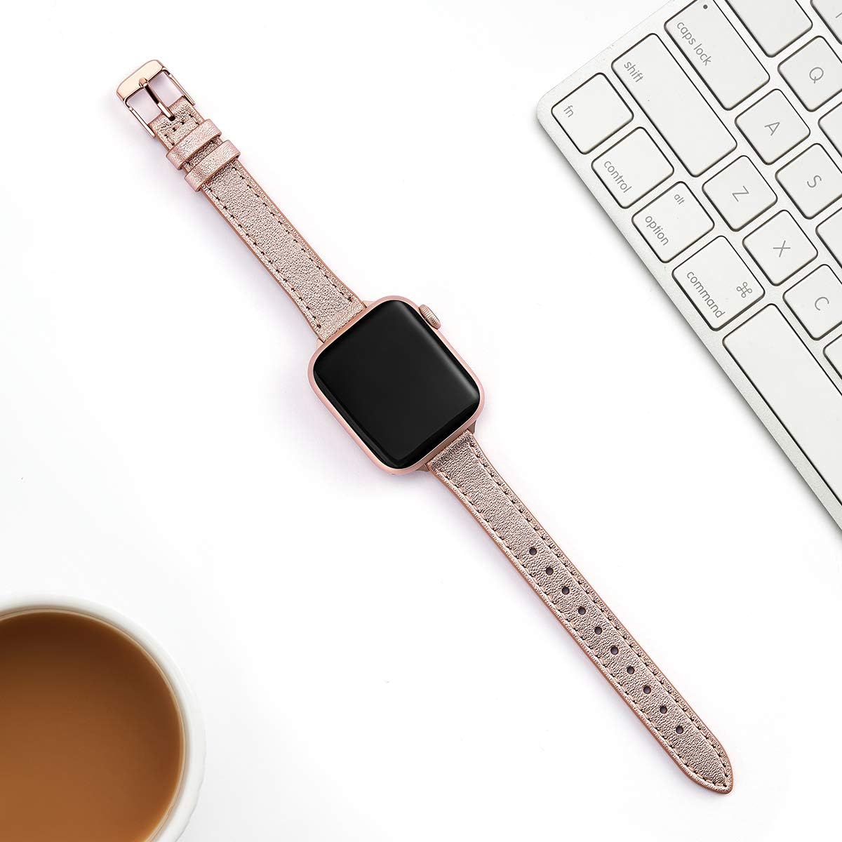 SUNFWR Compatible with Apple Watch Strap 38mm 40mm 41mm,Genuine Leather Strap Replacement,Slim&Thin Wristband for iwatch Series 7/6/5/4/3/2/1,SE(38mm 40mm 41mm,Rosegold&Rosegold) - Image 5
