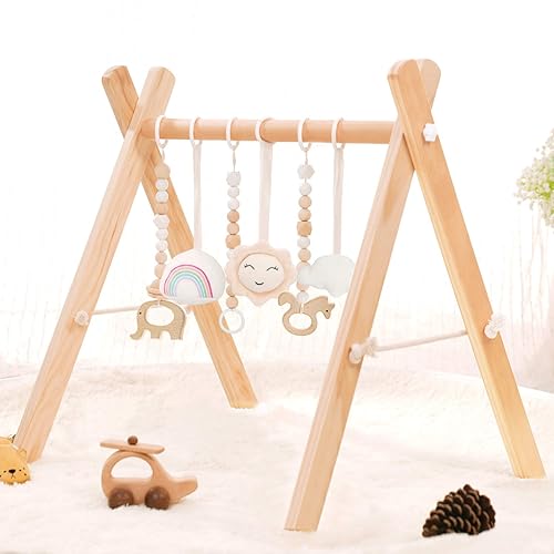 HAN-MM Wooden Baby Gym with Wooden Baby Toys Foldable Baby Play