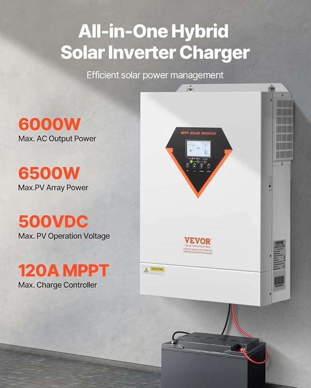 Inversor Solar Híbrido de 6000 W, Carregador Inverter de Onda Senoidal Pura Tudo Num Só, com Controlador Solar MPPT Integrado de 120 A, para Sistema Fora da Rede com Bateria