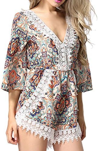 DDOL Women's Boho Print Crochet V-Neck Beach Romper Jumpsuit Orange M