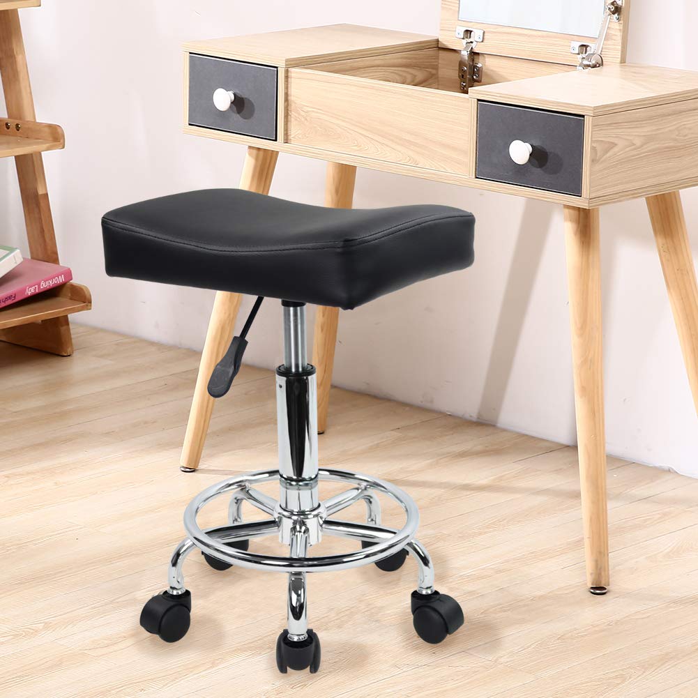 KKTONER Square Rolling Stool PU Leather Height Adjustable Swivel Massage SPA Salon Stools Task Chair with footrest (Black): Kitchen & Dining