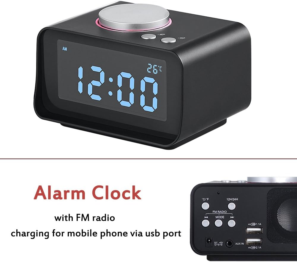 Uper, Clock Radio Alarm Clock with Dual USB Charging Ports,Adjustable Brightness,Loud Alarm Clock,Digital Alarm Clock Radio for Heavy Sleepers,Black