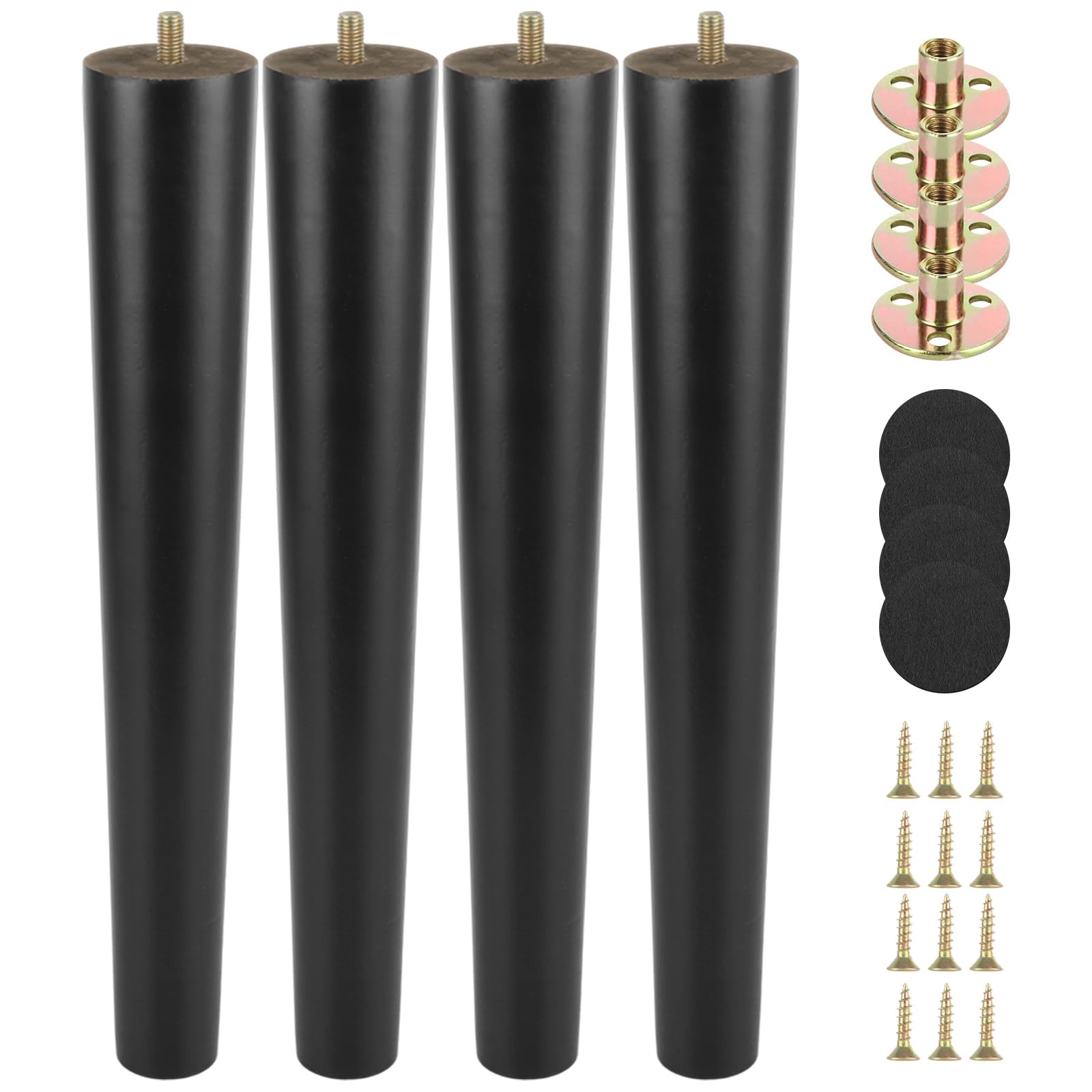 VIDETOL 40cm Wooden Furniture Legs Set of 4, Nature Solid Wooden Sofa Legs, Black Sofa Replacement Feet with Mounting Plate & Screws for Cabinet, Bed, Chair, Sofa, Dresser Table, Cupboard and Couch