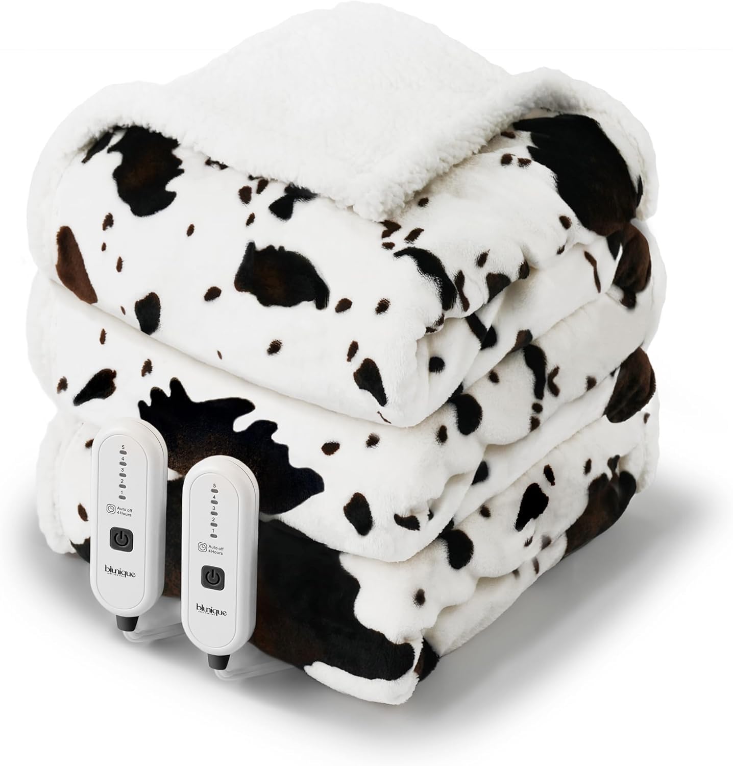 Photo 1 of Cow Print Heated Electric Blanket King Size-Dual Control Heating Blanket King Size with 5 Heat Levels & 10 Hours Auto-Off, Cozy Soft Fleece Sherpa, Washable, 90x100 Inche