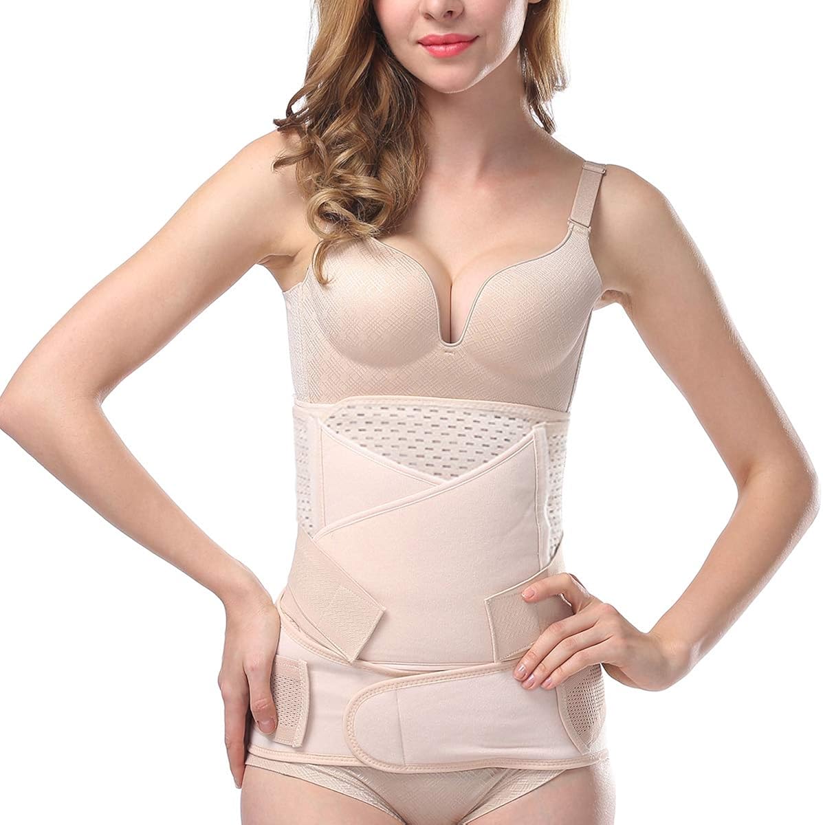 Aigori 3 in 1 Waist Cincher Belly Wrap Recovery Belt Support Body Abdominal Binder Corset Elastic Girdle Beige (One-size)