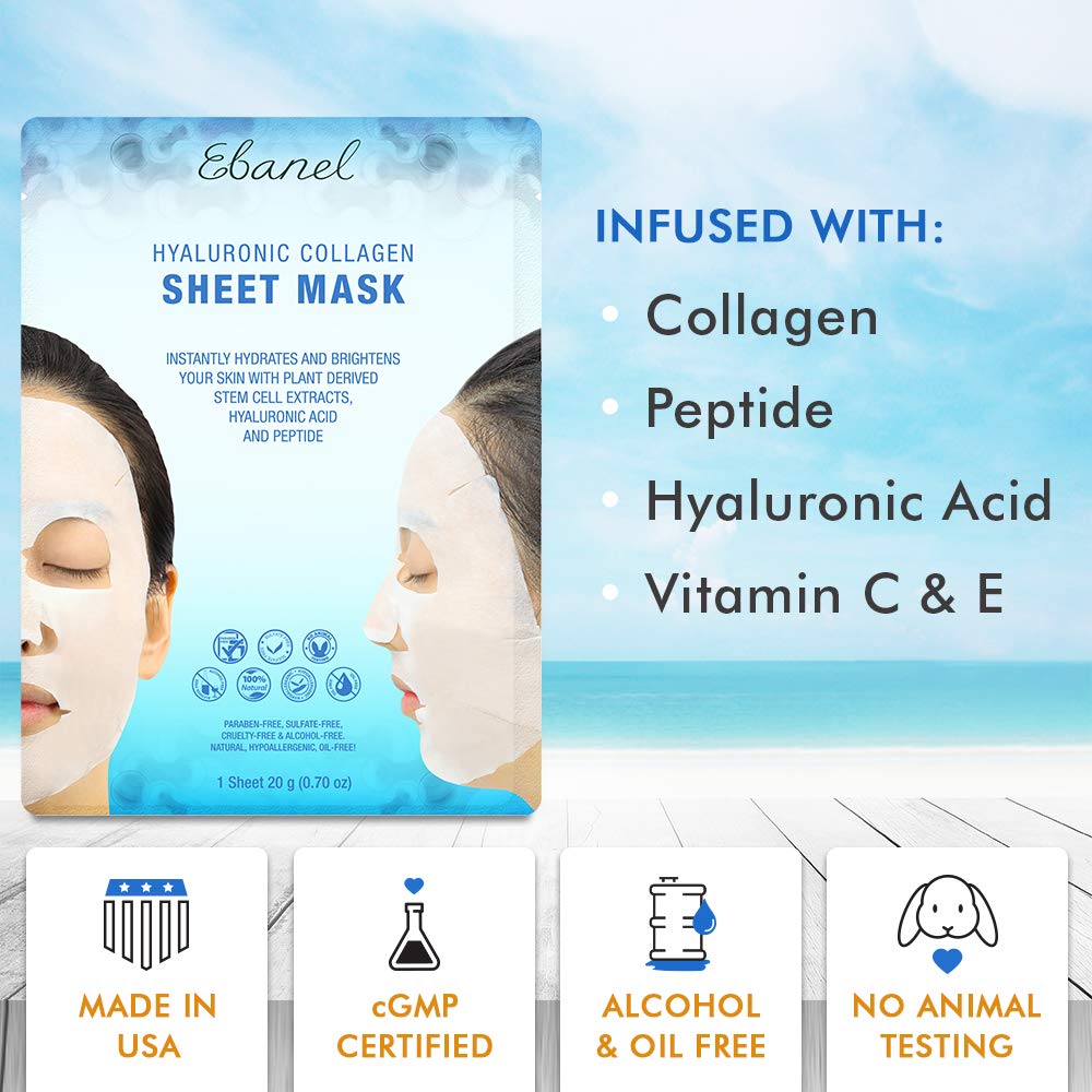 Ebanel 15 Pack Collagen Face Mask, Instant Brightening & Hydrating Face Sheet Mask with Aloe Vera, Hyaluronic Acid, Vitamin C and E, Chamomile, Anti Aging Face Mask with Hydrolyzed Collagen, Peptide : Beauty