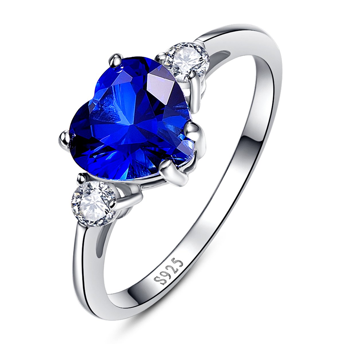Bonlavie Women's 2.25ct 925 Sterling Silver Heart Shaped Created Blue Sapphire CZ Engagement Promise Ring - L 1/2