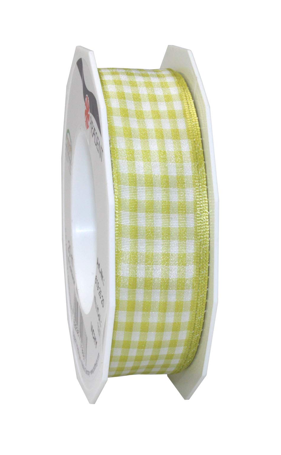Präsent - Vichy Wired Ribbon Lime-White 25 mm Width, 20 m Length