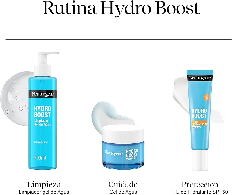 Hydro Boost Pack Cuidado Facial - Gel Limpiador Facial (200ml) + Crema Hidratante Gel de Agua (50ml) + REGALO Protector Solar Fluido SPF50 (15ml) – Rutina Ácido Hialurónico piel hidratada