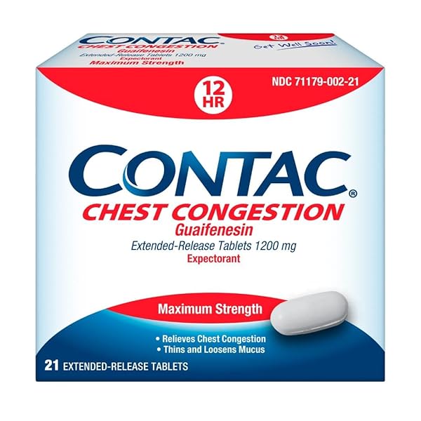 CONTAC CHEST CONGESTION, MAXIMUM STRENGTH EXPECTORANT CONTROLS COUGH AND THINS AND LOOSENS MUCUS, EXTENDED RELEASE TABLETS, GUAIFENESIN 1200 MG, EXTENDED RELEASE TABLETS, 21 COUNT