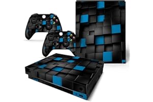 ROIPIN Skin Sticker for Xbox One X Console Controllers, Protective Skin Wrap Vinyl Decal for Microsoft Xbox One X, Protector Wrap Cover Protective Faceplate Full Set for X-Box One X (Black and Blue Square)