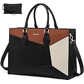 LOVEVOOK Laptop Bag for Women,17 lnch Waterproof Lightweight Leather Tote Bag,Professional Business Office Work Bags with Clutch Purse,Large Capacity Computer Shoulder Handbag,Black-White-Brown