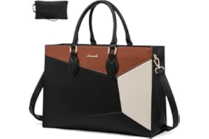 LOVEVOOK Laptop Bag for Women,15.6 lnch Waterproof Lightweight Leather Tote Bag,Professional Business Office Work Bags with Clutch Purse, Large Capacity Computer Shoulder Handbag,Black-White-Brown