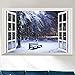 DNVEN Snow Winter Bench False Faux Window Frame Window Mural 3D Full Color High Definition Vinyl Bedroom Living Room Playroom Wall Decals Stickers 24 inches x 16 inches