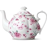 BTaT- Floral Tea Pot with Gift Box, 38 oz, White with Pink Roses & Gold Trim, Porcelain Teapot Ceramic, Dishwasher Safe