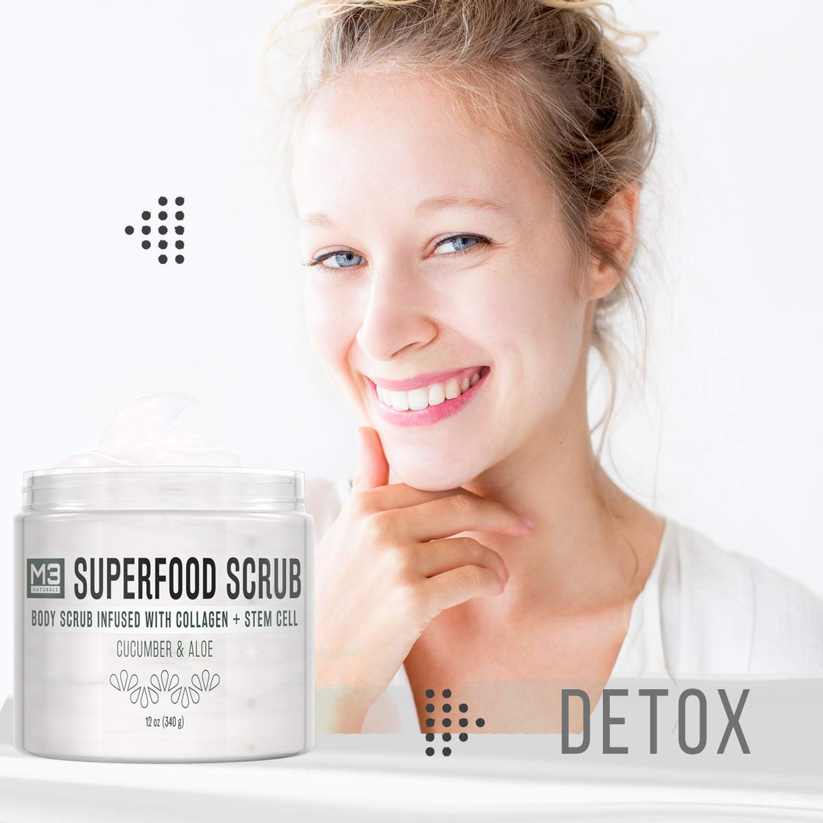 M3 Naturals Superfood Scrub infused with Collagen and Stem Cell Natural Cucumber and Aloe Body Face Wash Exfoliating Facial Cleanser for Acne Cellulite Wrinkles Scars Skin Care 12 oz: Beauty