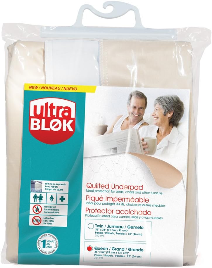UltraBlok Reusable Incontinence Underpad W/Tuck-in Panels, Bed + Furniture, WT, Queen 36" x 54", EA: Health & Personal Care