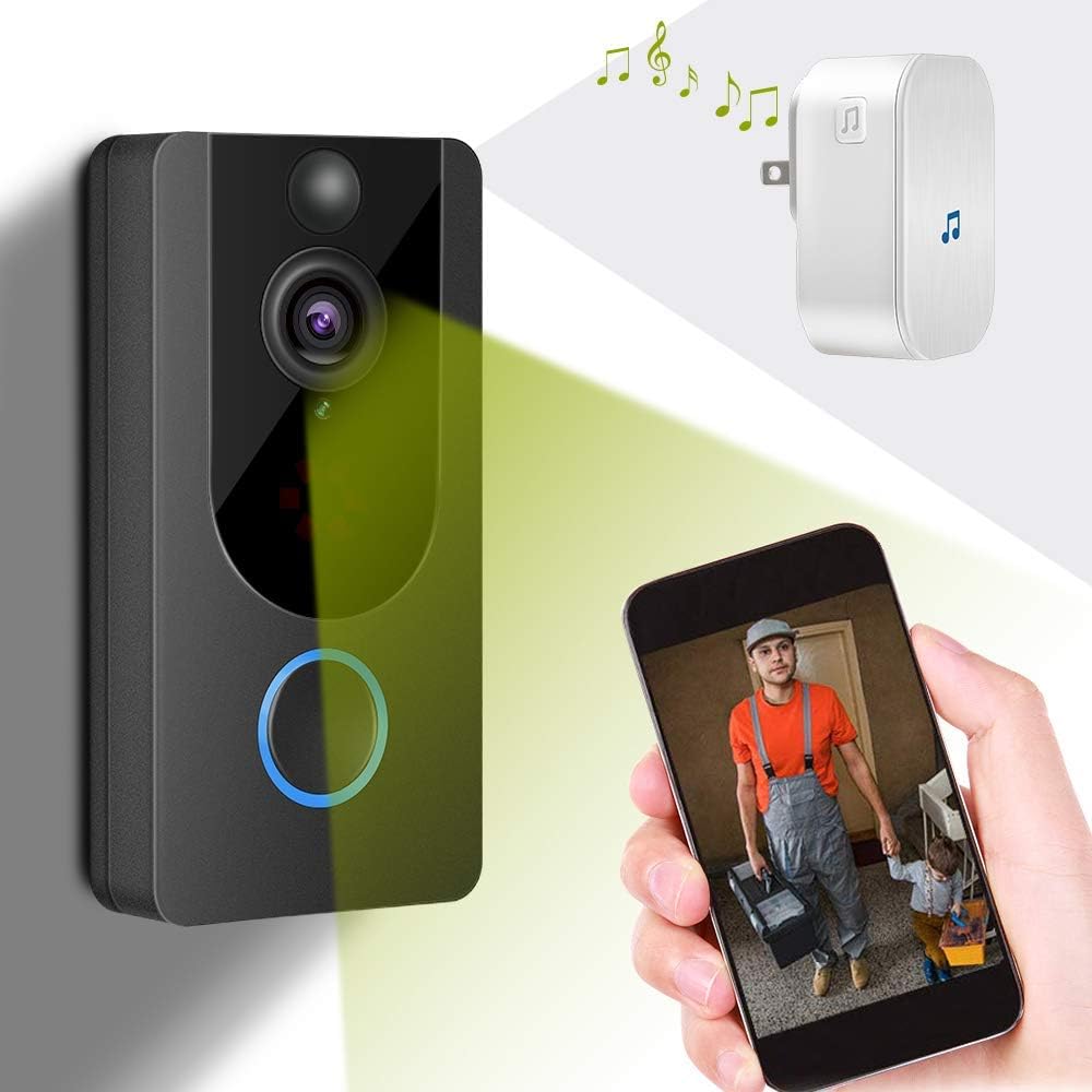 Smart Video Door Bell Wireless 1080P Doorbell Camera Free Cloud Storage Lifetime 166ยฐ Wide Angle WiFi Security Camera with Two-Way Talk PIR Motion Detection Night Vision and Real-time Video