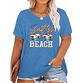 GeLivable Women's Summer Plus Size Beach Vacation Printed Short Sleeve Round Neck Casual Top