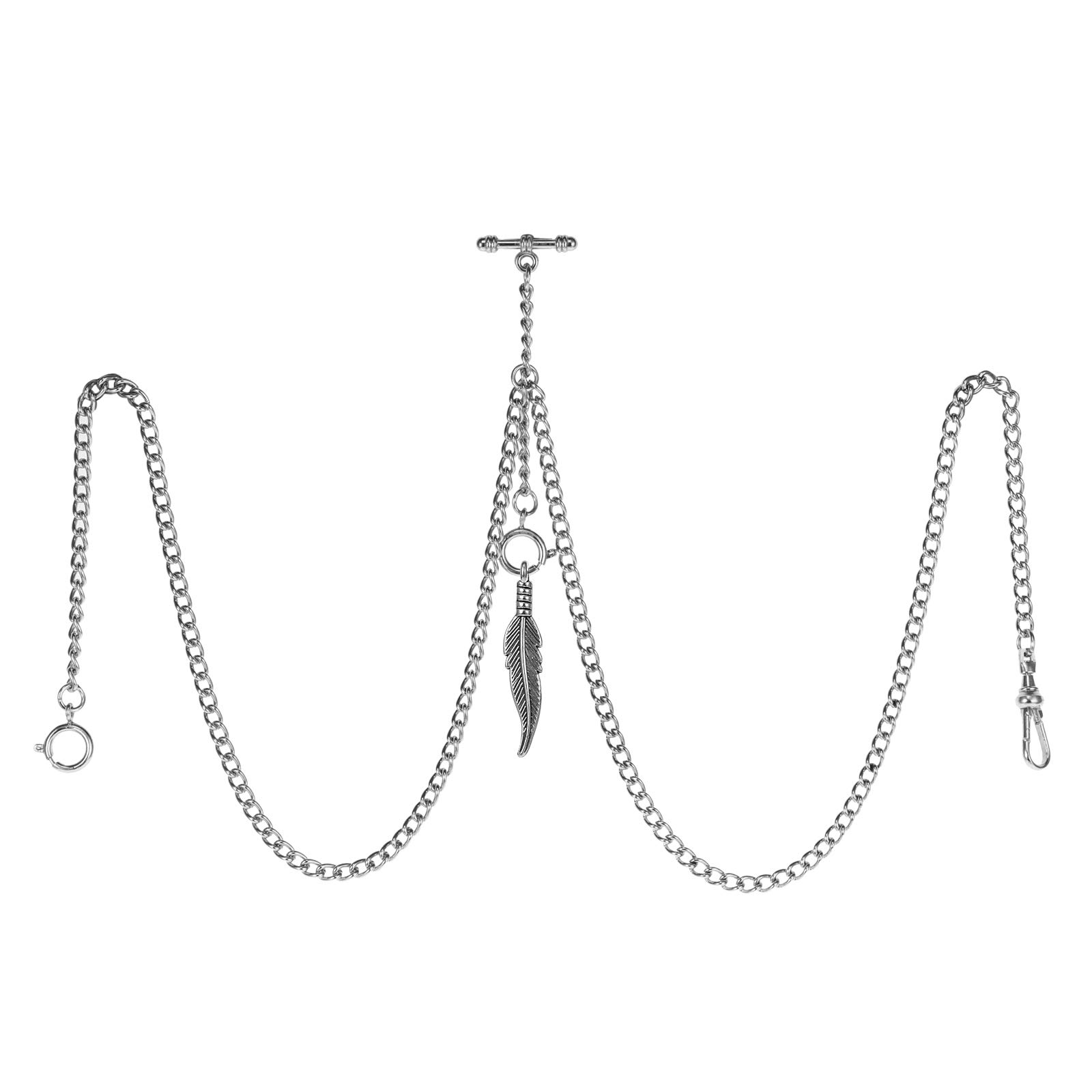 TREEWETO Men's Double Albert Chain Pocket Watch Curb Link Key Chain 3 Hooks with Antique Silver Leaf Pendant Design Charm Fob T Bar