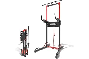 ONETWOFIT Foldable Power Tower Pull Up Bar Station, Multi-Function Adjustable Height Dip Station for Home Gym Workout, Strength Training Fitness Equipment, Pull Up Stand 600LBS（Black-Pro Max）